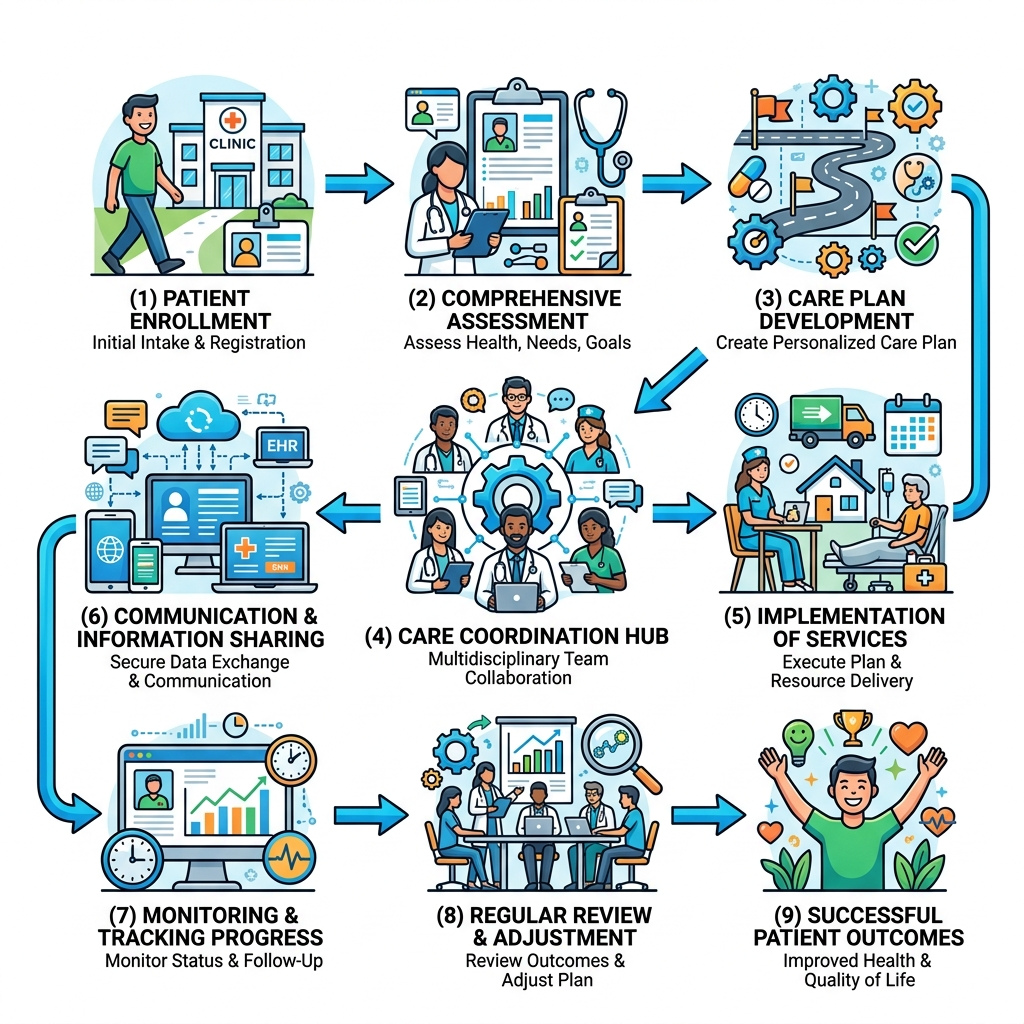 Illustration showing nine steps of patient care coordination from enrollment to successful outcomes