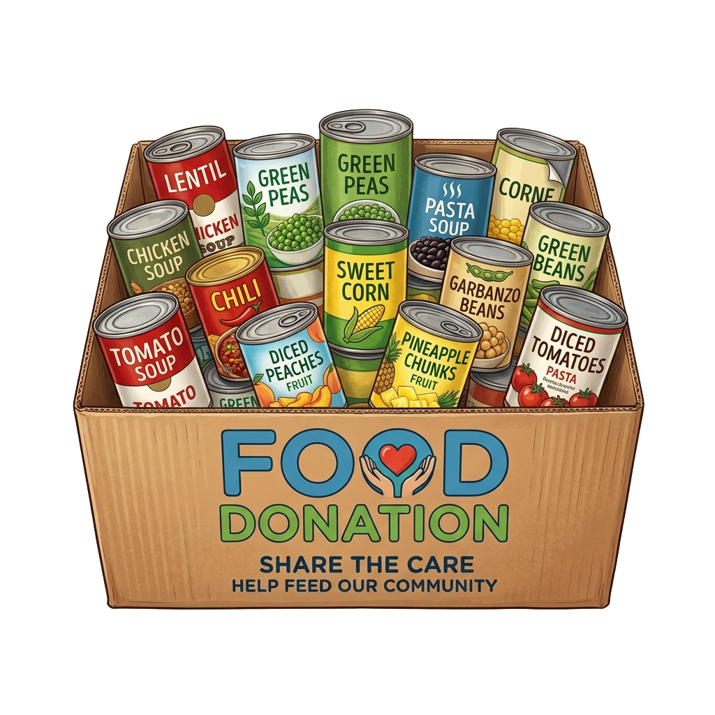 A cardboard box labeled Food Donation filled with various cans of soups, beans, and fruits for sharing with the community.
