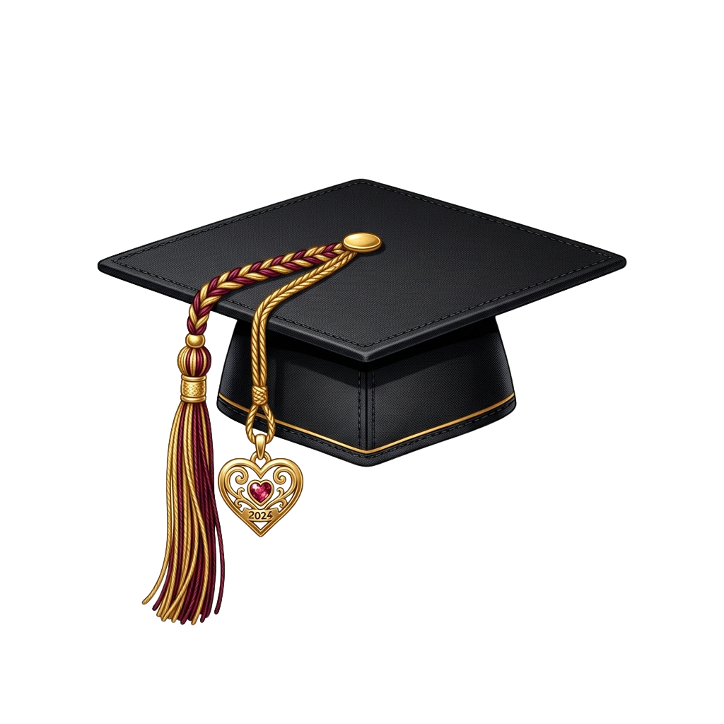 Black graduation cap with gold tassel and heart-shaped pendant charm