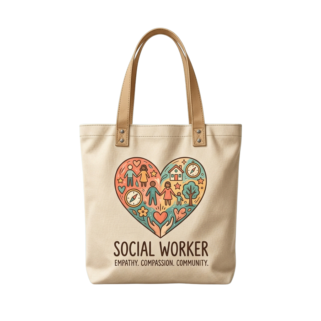 A tote bag featuring a heart with illustrations of people, a house, and stars, labeled Social Worker with Empathy Compassion Community