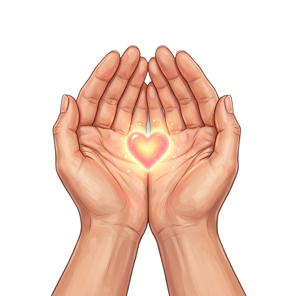 Two hands gently holding a glowing heart shape with light rays emanating from it
