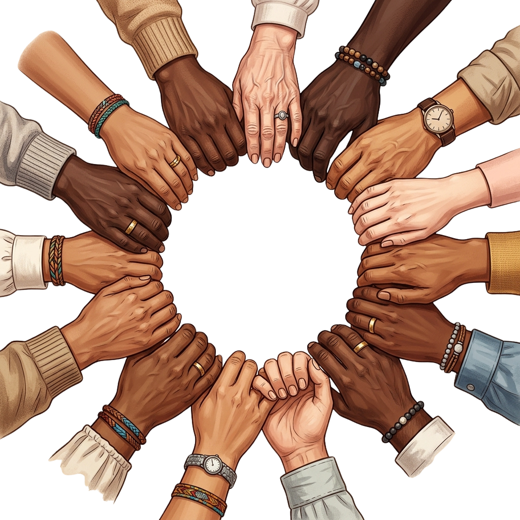 Illustration of diverse hands of different skin tones joining together in a circle of unity and teamwork