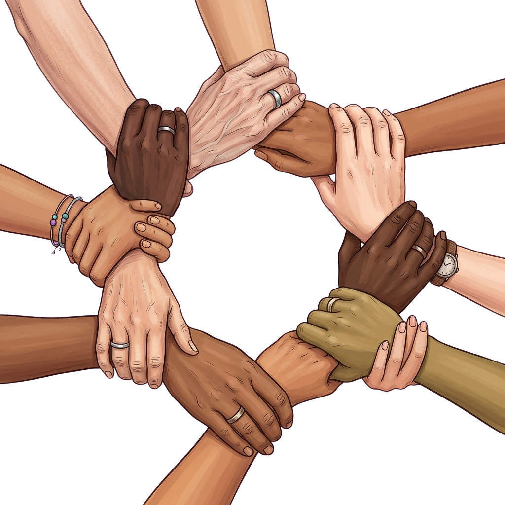 Illustration of multiple hands of different skin tones clasped together in unity and teamwork