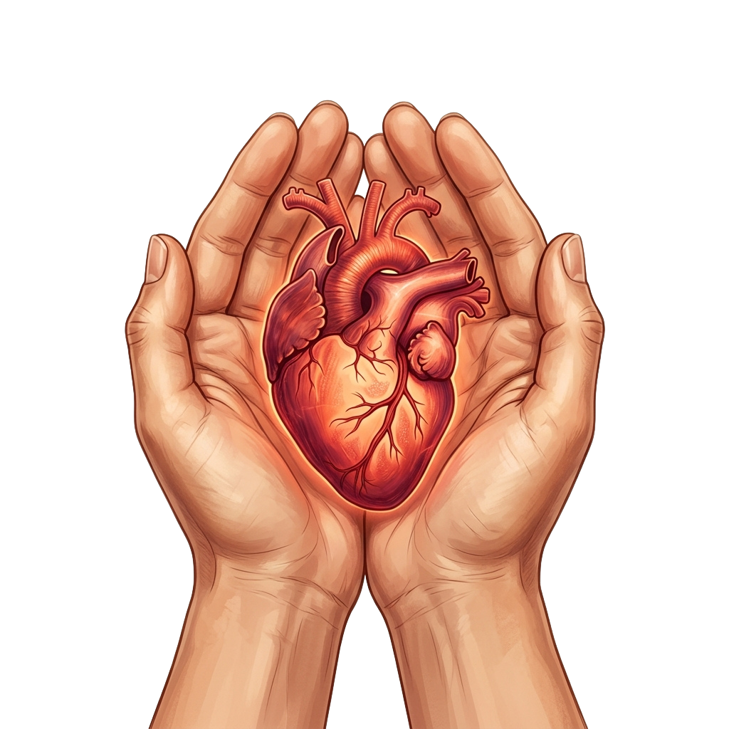 Two hands gently holding a detailed illustration of a human heart with major blood vessels visible.