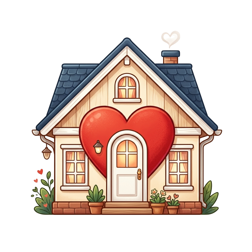 Illustration of a small house with a large red heart replacing the front door, surrounded by potted plants and flowers