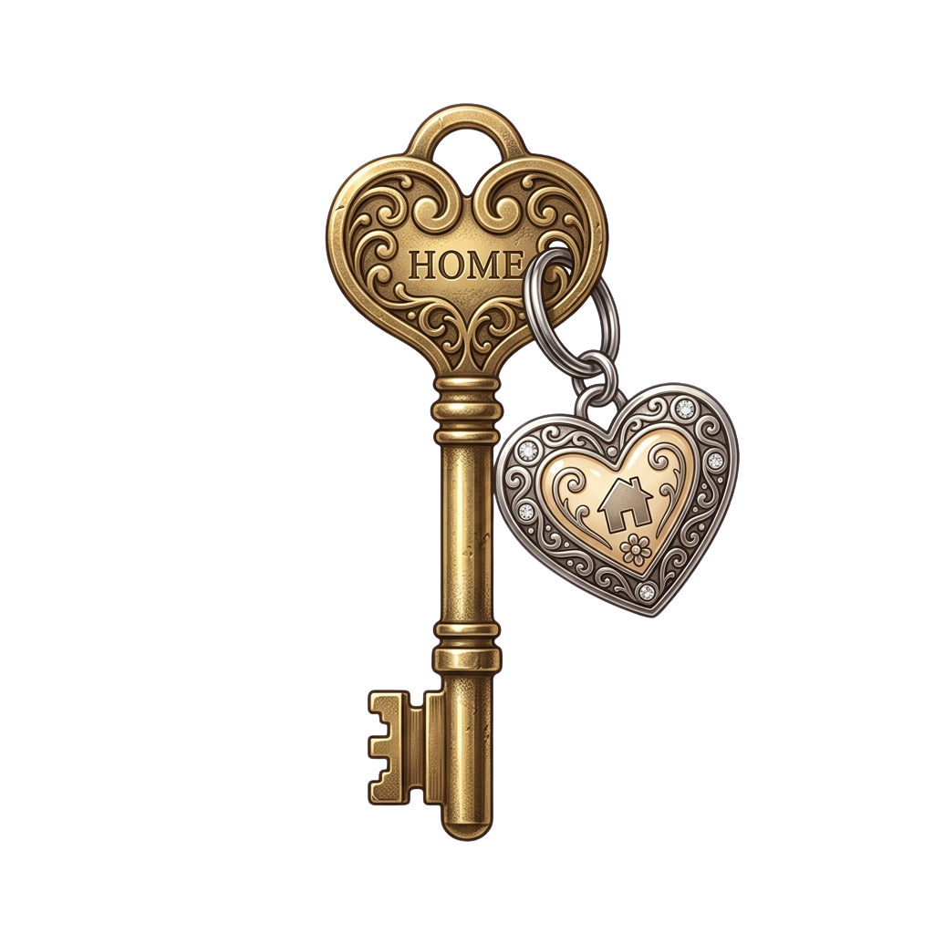 A decorative gold key with the word home engraved on its bow, attached to a heart-shaped charm featuring a house icon