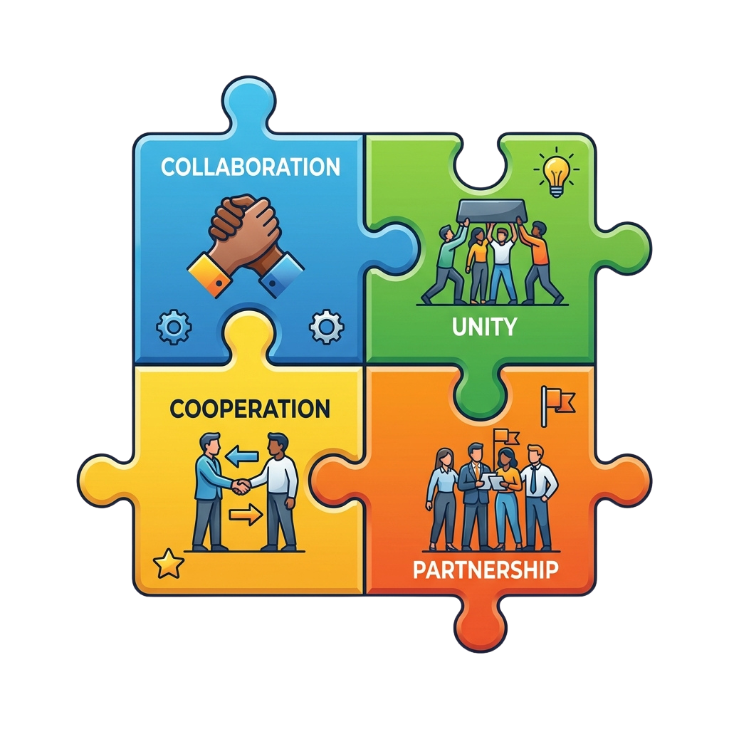 Four puzzle pieces showing collaboration, unity, cooperation, and partnership with icons and illustrations