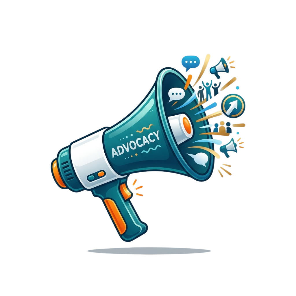 Megaphone labeled Advocacy with speech bubbles, megaphone icons, and upward arrow symbols