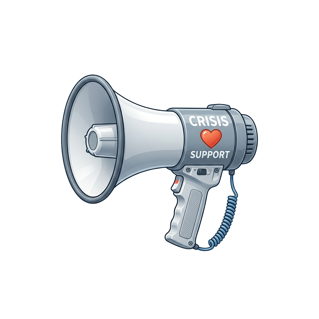 Megaphone with Crisis Support and a red heart symbol