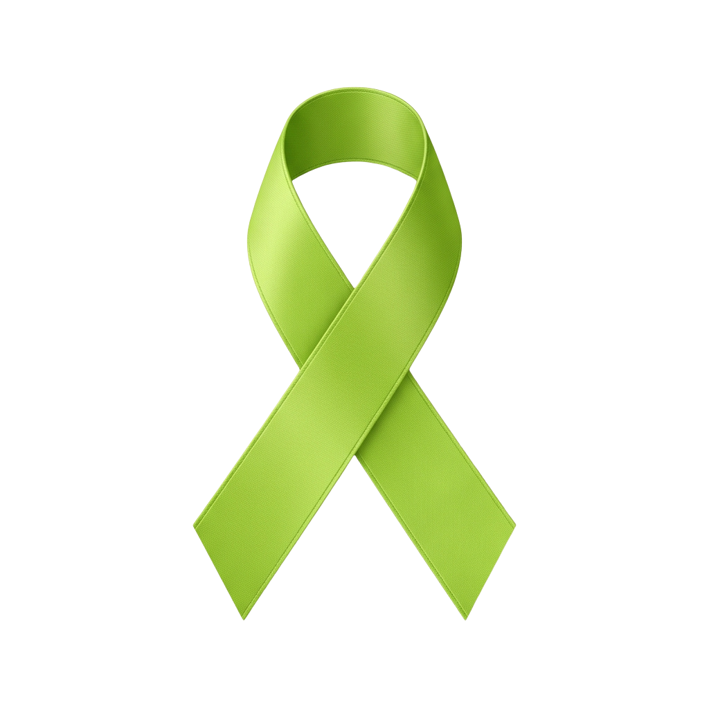 A bright green awareness ribbon on a black background