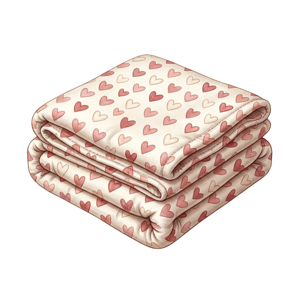 Stack of three light beige blankets with small pink heart patterns
