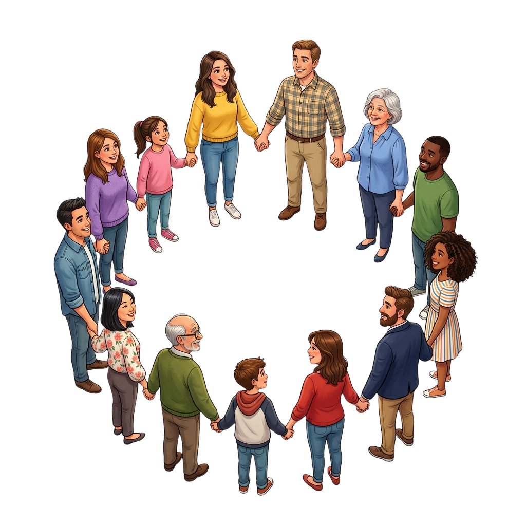 Illustration of a diverse group of 12 people holding hands in a circle, smiling and standing closely together