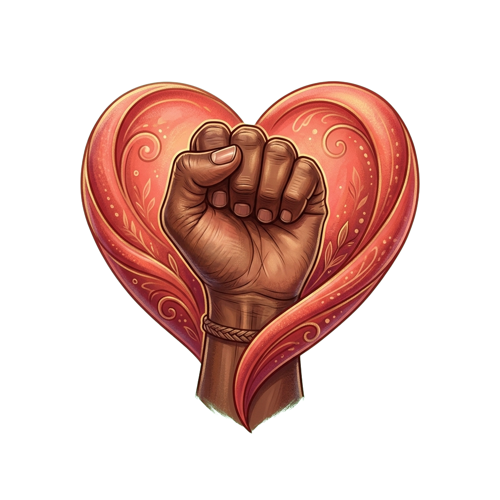 A closed fist inside a heart shape with decorative swirls and a ribbon tied around the wrist.