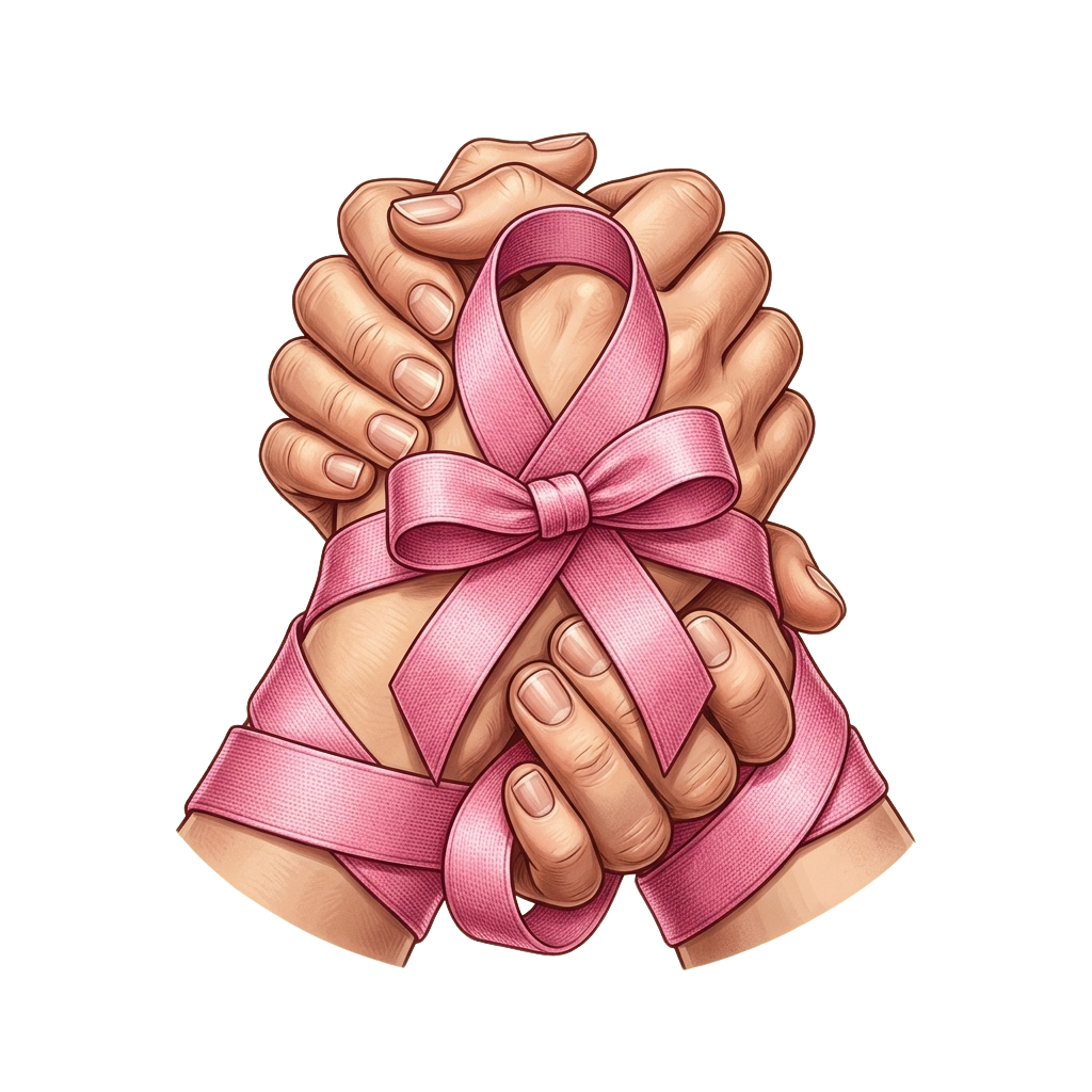 Two hands clasping together with a pink ribbon tied in a bow between them