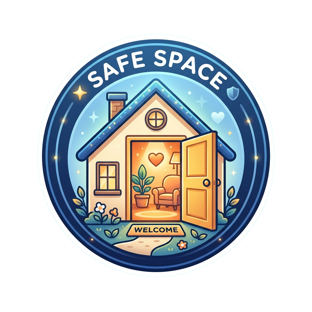 Illustration of a cozy house with an open door labeled Welcome, symbolizing a safe and warm space