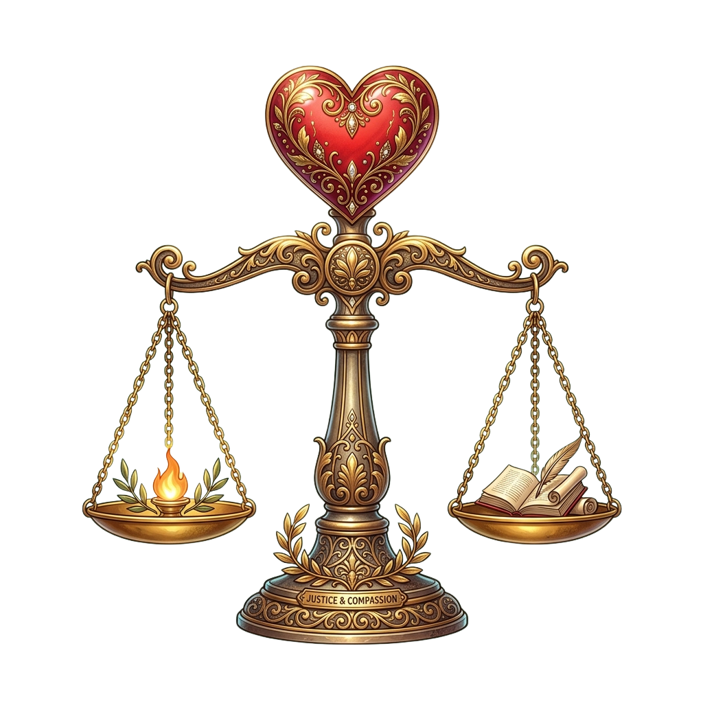 Decorative golden scale balancing a flame and book, topped with a heart, labeled Justice and Compassion