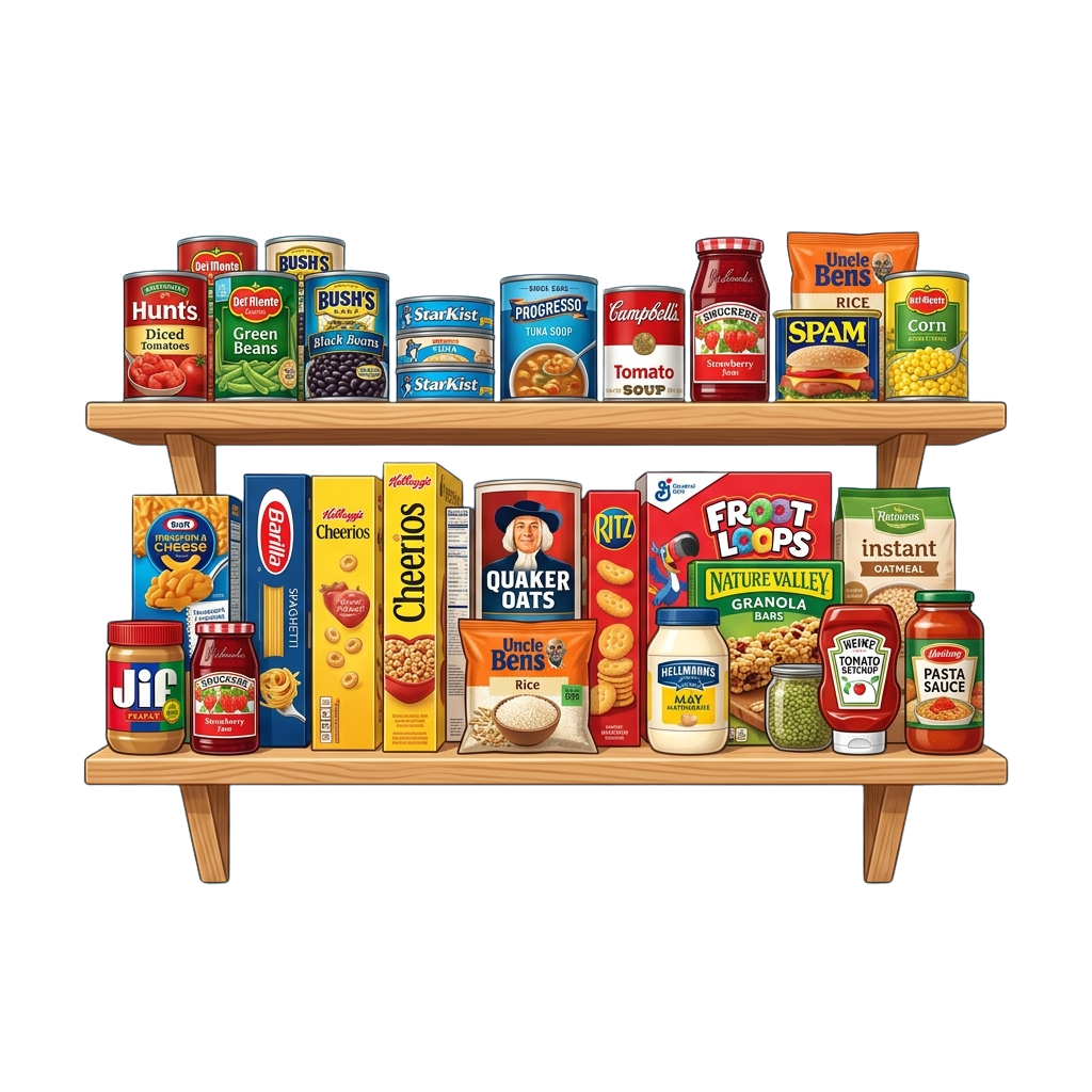 Two shelves displaying a variety of canned and dry food items including beans, soups, cereals, pasta, and snacks