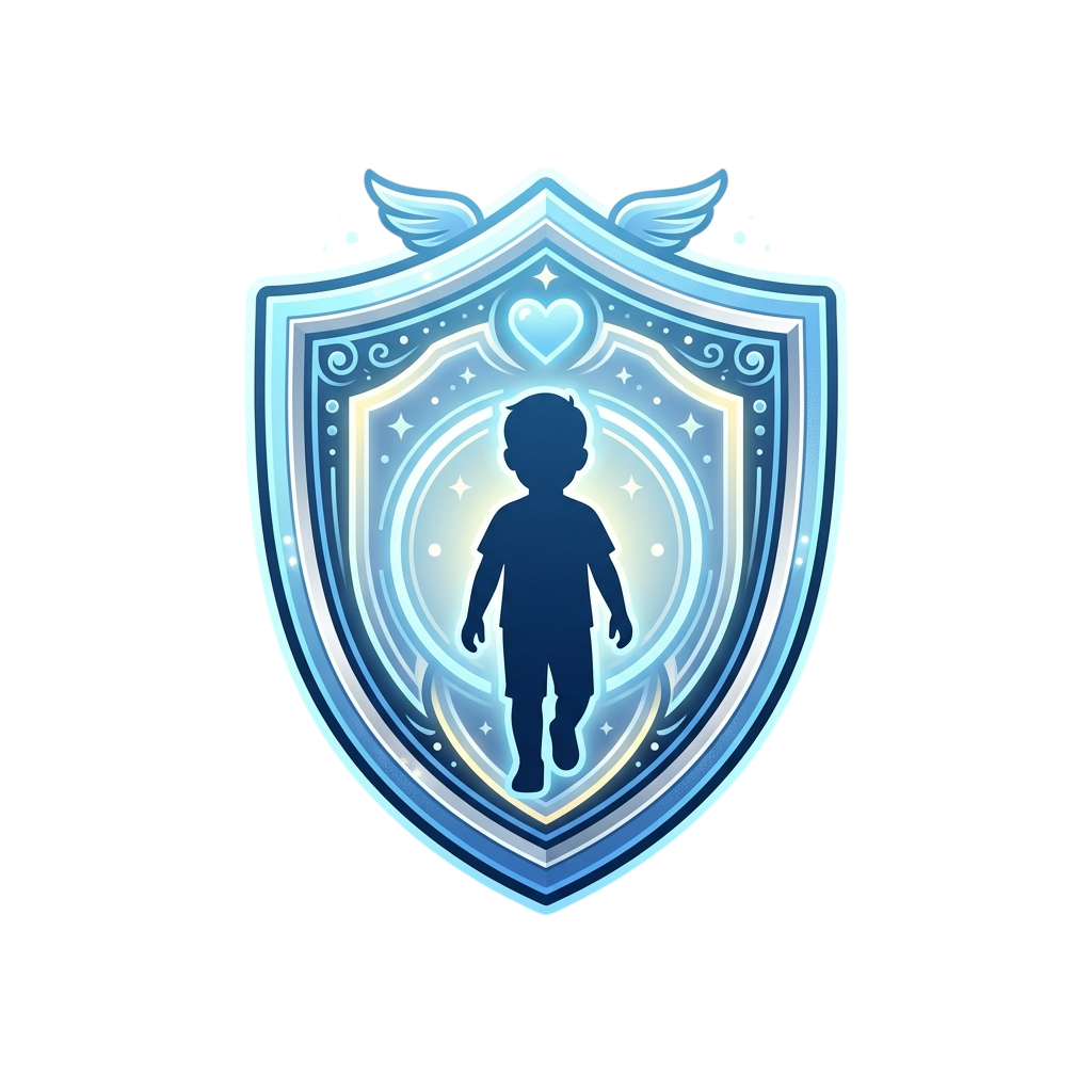 A stylized shield with a child silhouette inside a glowing circle, wings on top, and a heart symbol above the child.