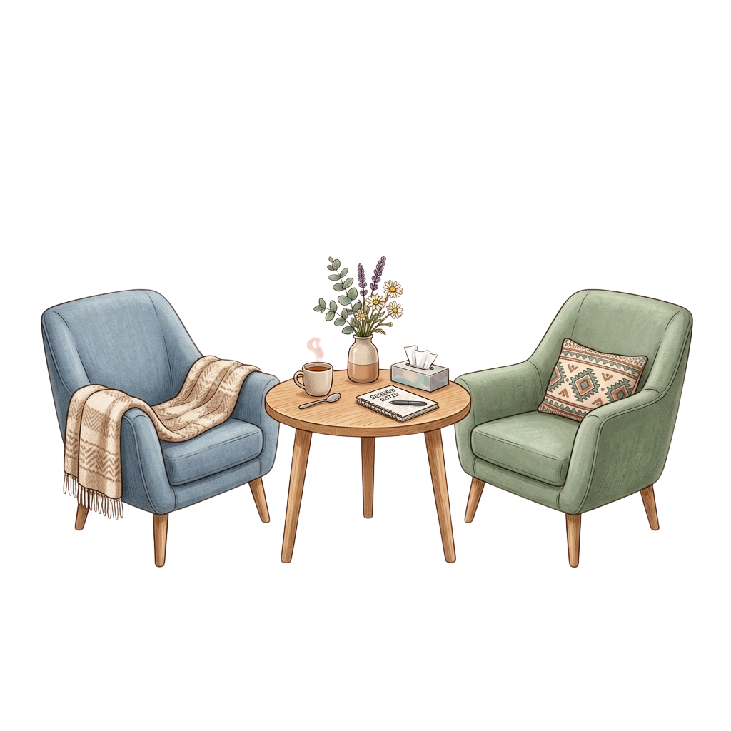 Two armchairs in blue and green with a small round table between them, featuring a cup, vase, and decorative items