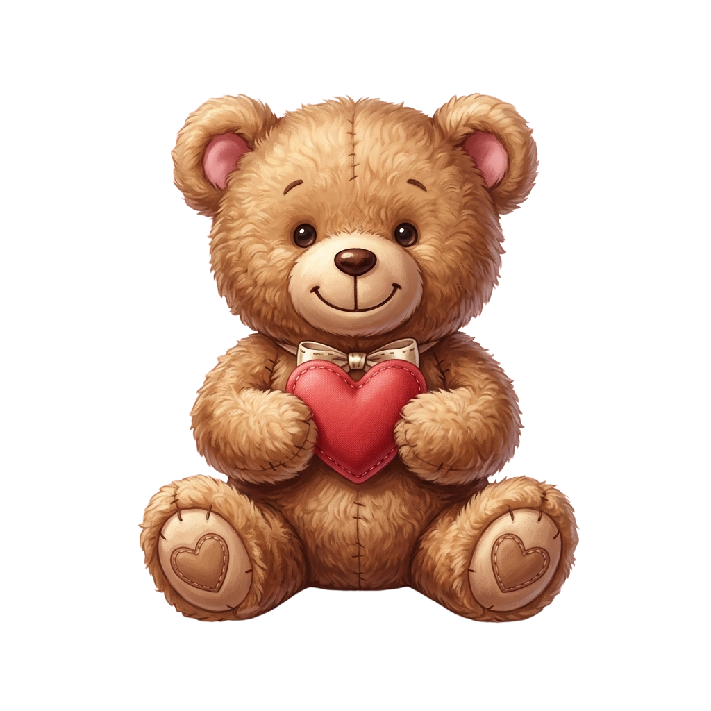 A light brown teddy bear sitting and holding a red heart with a decorative bow around its neck