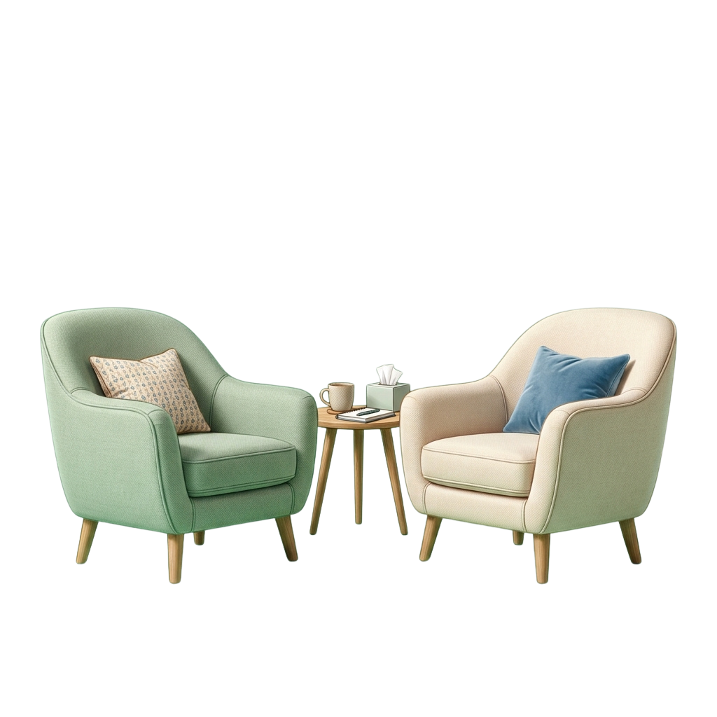 Two armchairs in light green and beige with a small round table between them, featuring a cup, saucer, and tissue box