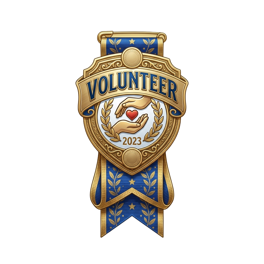 A decorative volunteer award badge featuring a hand holding a heart, the word VOLUNTEER, and the year 2023