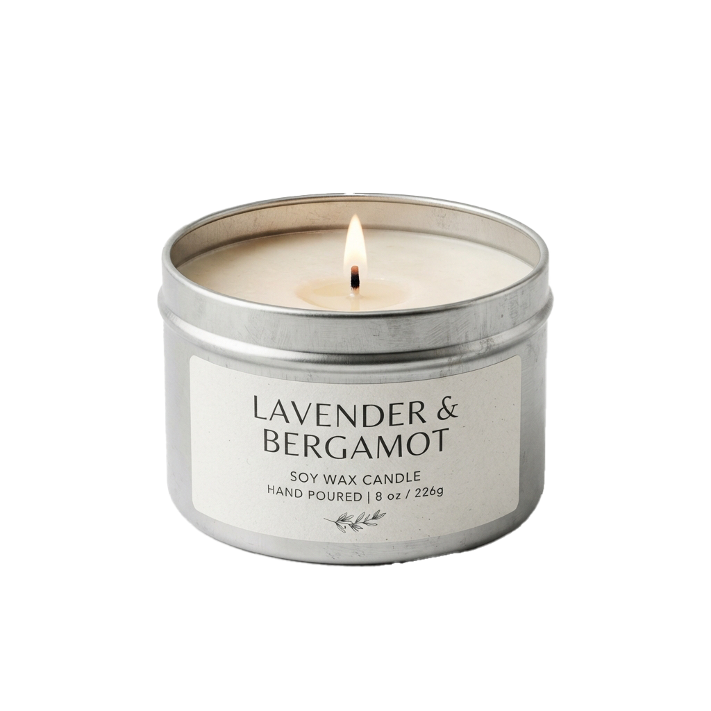 A lit soy wax candle in a white container labeled Lavender and Bergamot, hand poured, 8 ounces.