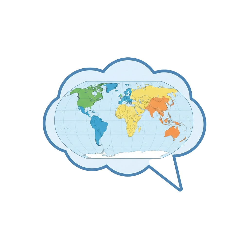 World map inside a blue speech bubble with different continents highlighted in distinct colors