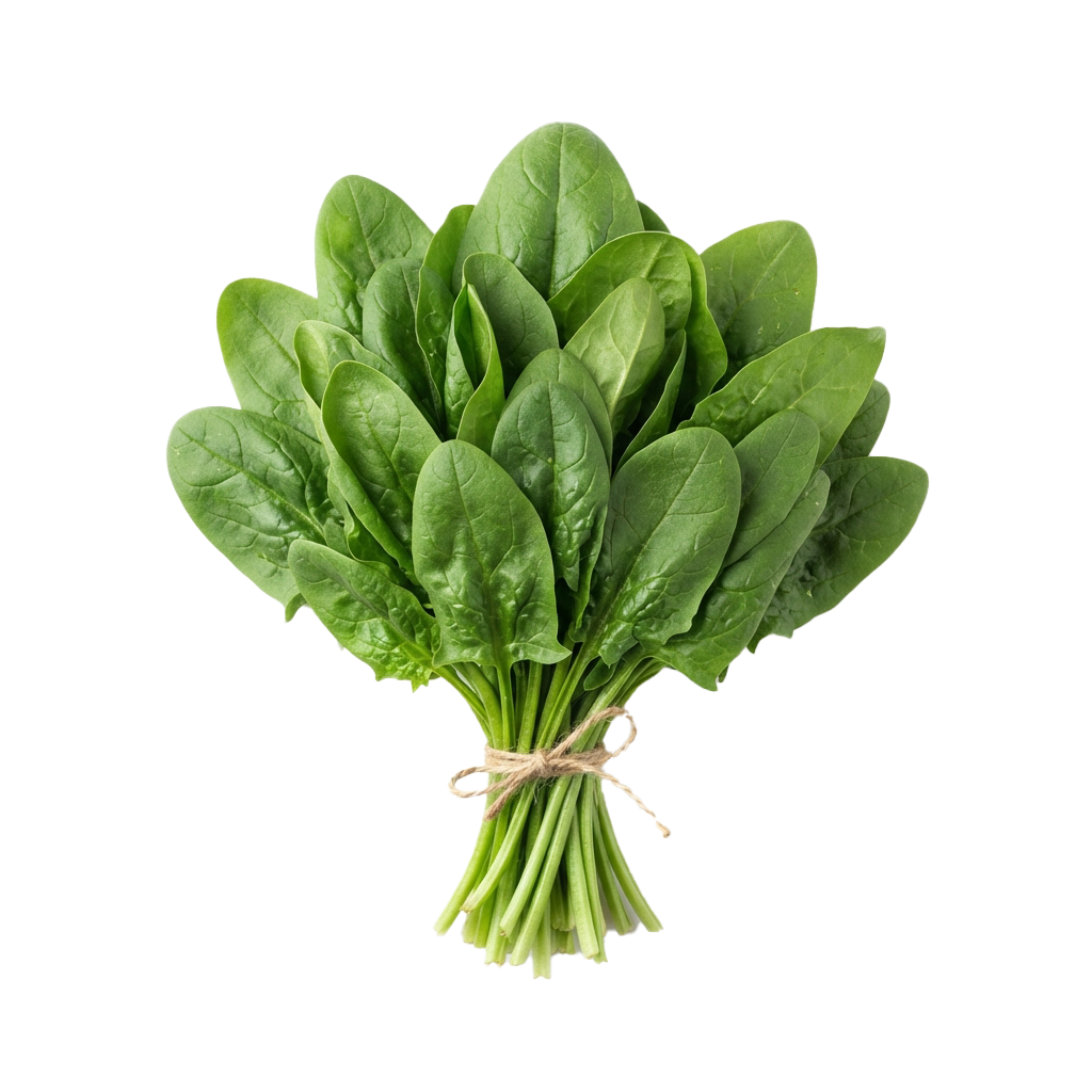 A bundle of fresh green spinach leaves tied with natural twine.
