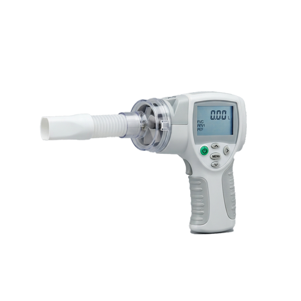 A handheld spirometer device with a mouthpiece and digital display showing lung capacity measurements.