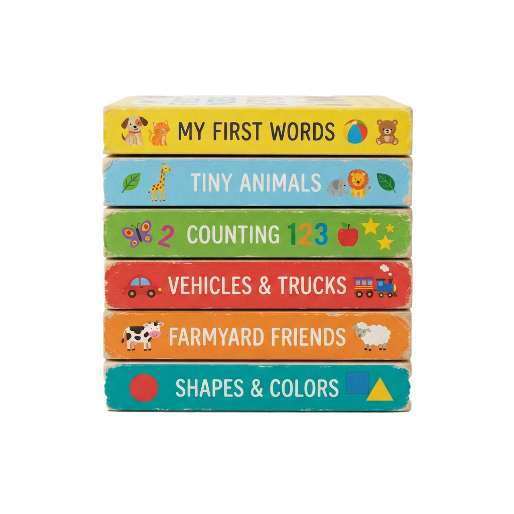 Stack of six colorful toddler board books featuring themes like first words, animals, counting, vehicles, farmyard, shapes, and colors.