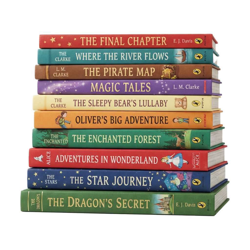Nine colorful children's books stacked vertically, each with distinct titles and illustrations.