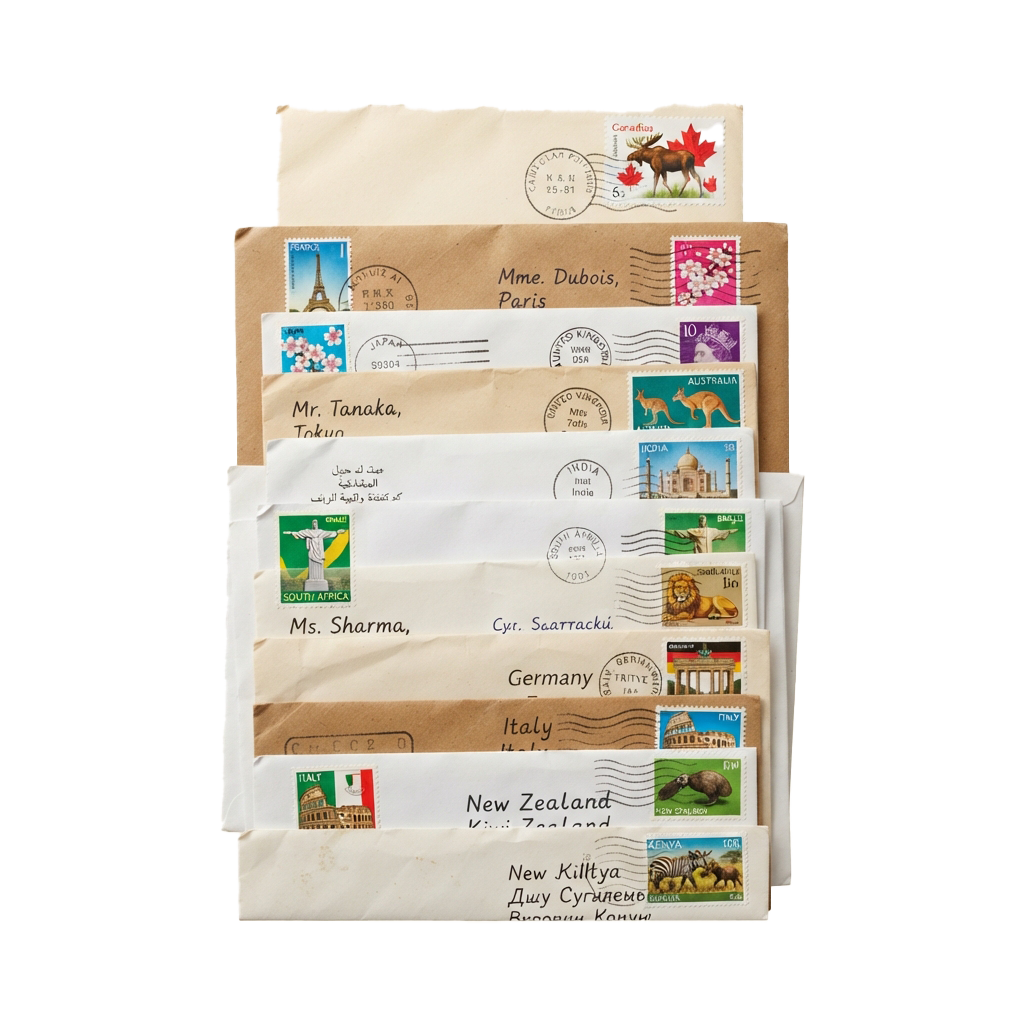 Stack of postcards featuring stamps from various countries including Canada, Japan, Australia, India, South Africa, Germany, Italy, New Zealand, and Russia
