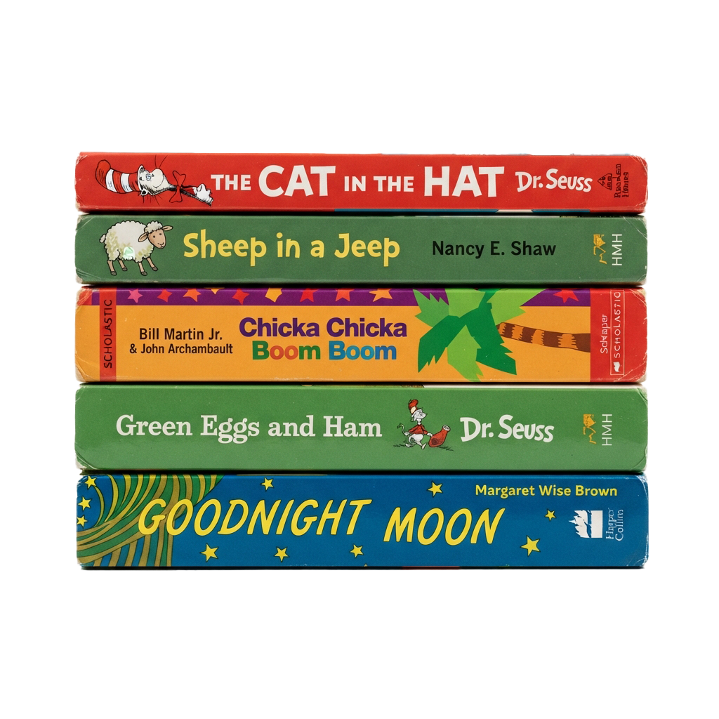 Stack of five colorful children's books including The Cat in the Hat, Sheep in a Jeep, Chicka Chicka Boom Boom, Green Eggs and Ham, and Goodnight Moon