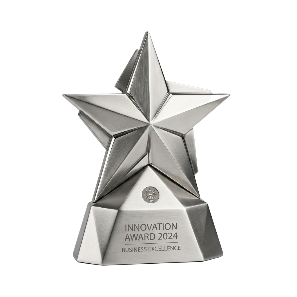 Shiny metallic star-shaped trophy labeled Innovation Award 2024 Business Excellence