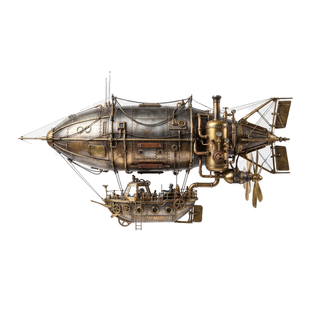 A detailed steampunk-inspired miniature rocket ship with brass and metallic elements