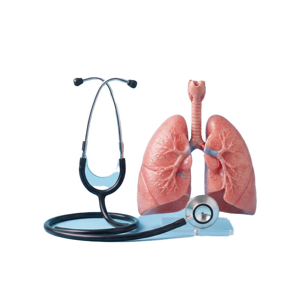 A stethoscope placed next to a 3D model of human lungs on a reflective surface.