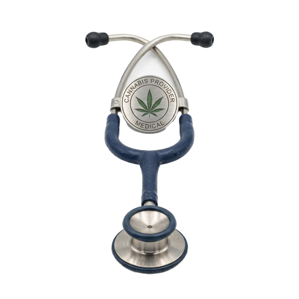 Stethoscope with a cannabis leaf badge labeled Medical Cannabis Provider
