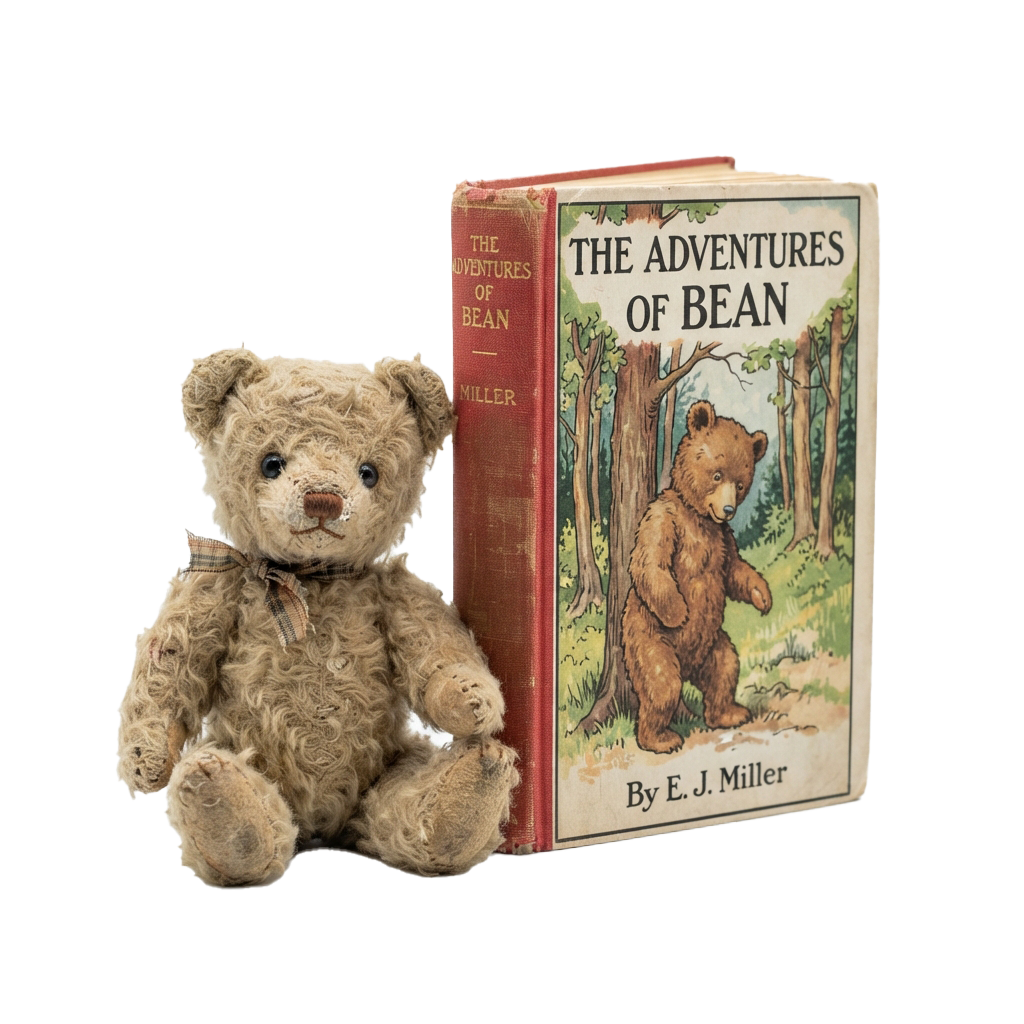 A light brown teddy bear sitting next to a vintage book titled The Adventures of Bean by E J Miller