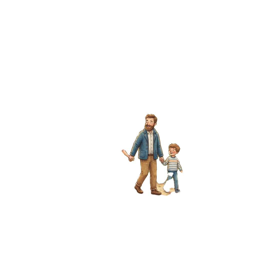 Illustration of an adult male and a young boy holding hands while walking