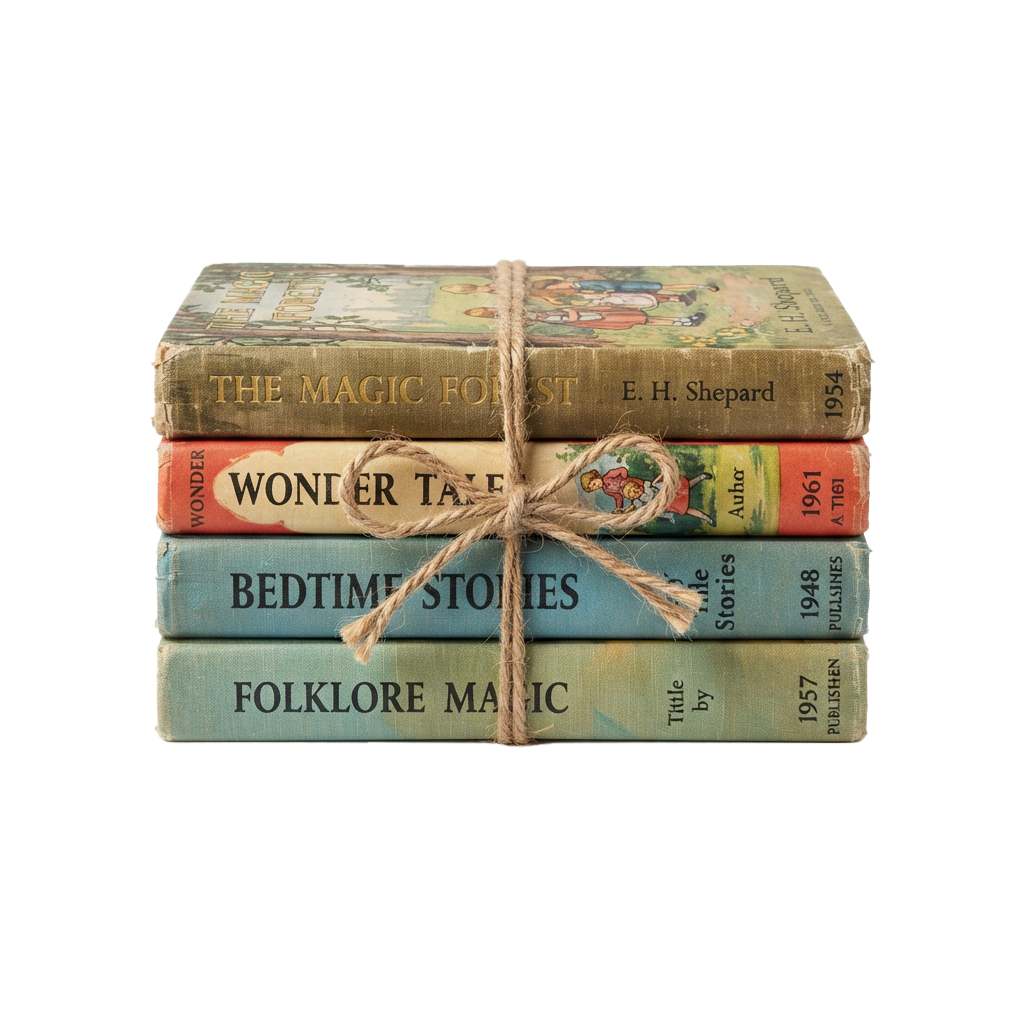 Stack of four vintage storybooks tied together with twine against a black background