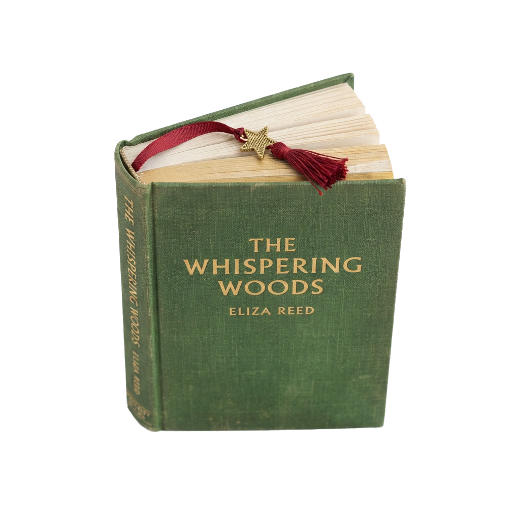 Open vintage book titled The Whispering Woods by Eliza Reed with a red ribbon bookmark and star charm.