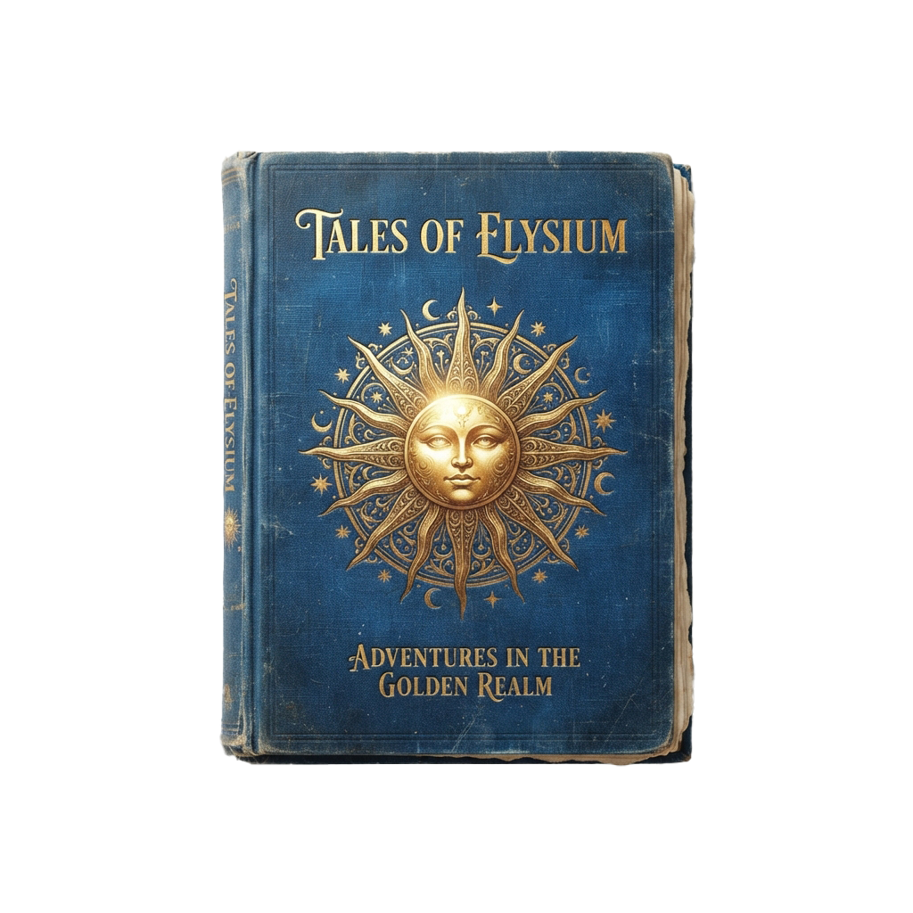 Old-fashioned book titled Tales of Elysium with a golden sun face design on a blue cover.