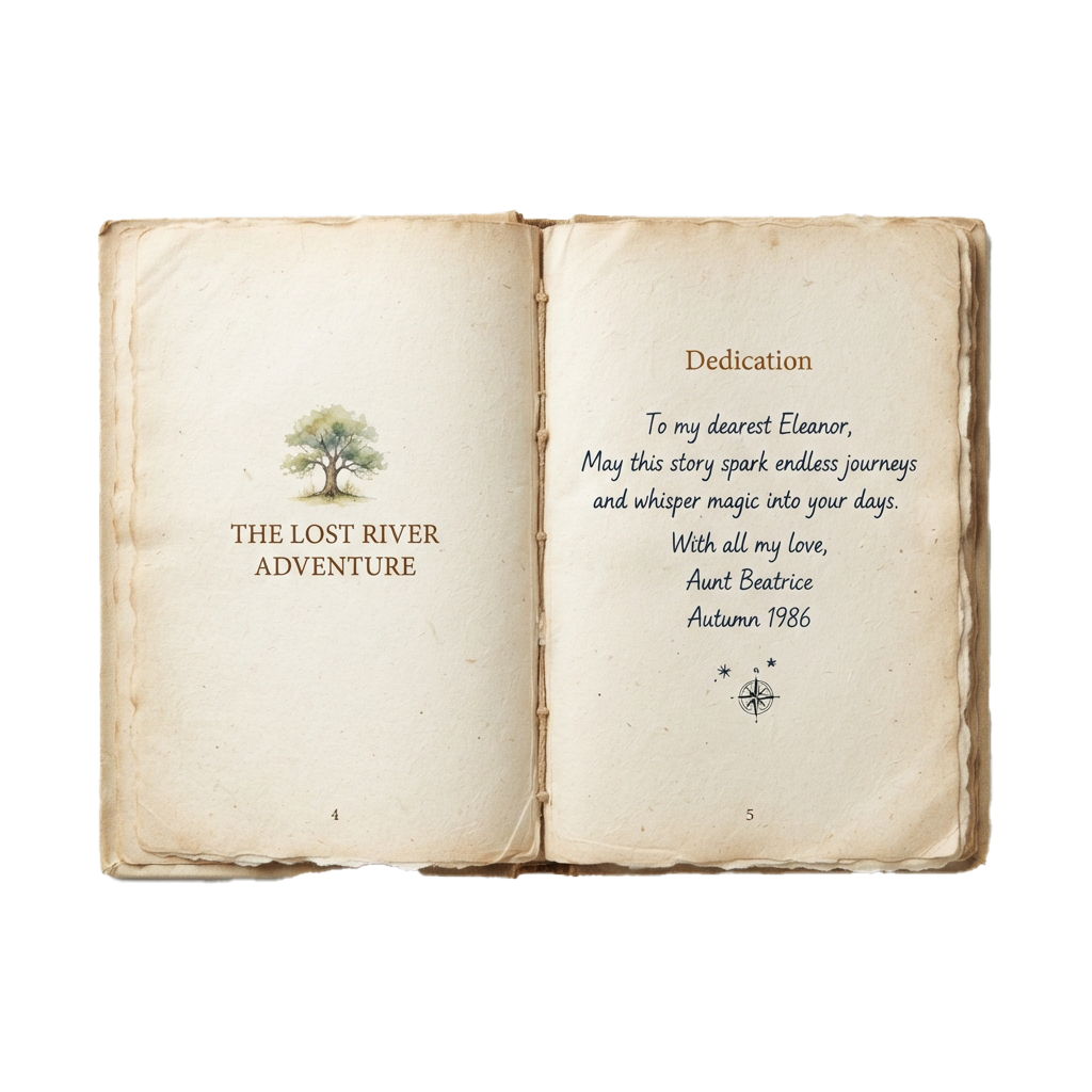 An open vintage book showing a dedication page and a title page with an illustration of a tree and a compass symbol