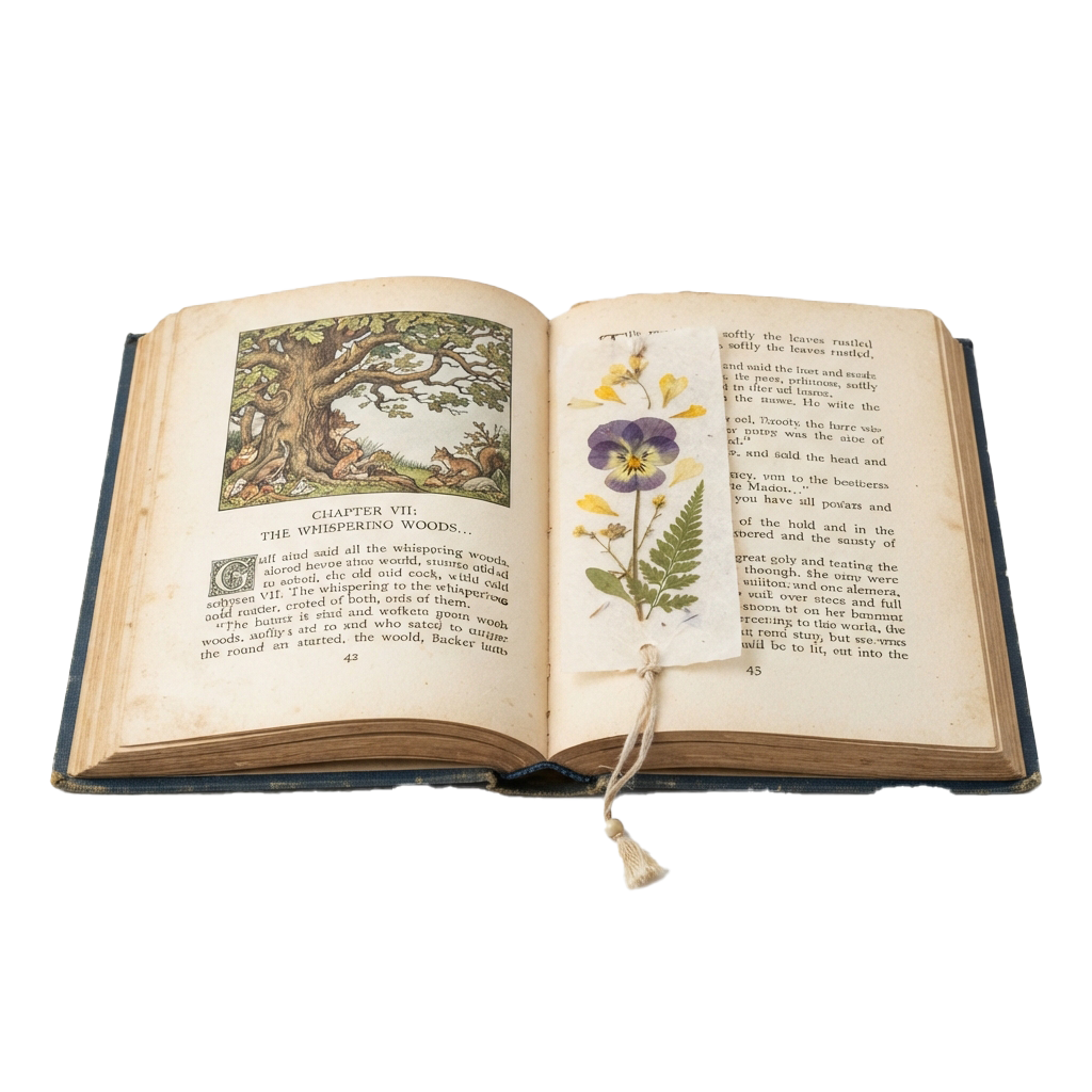 Open vintage book showing an illustrated chapter titled Whispering Woods with a tree and flower illustrations