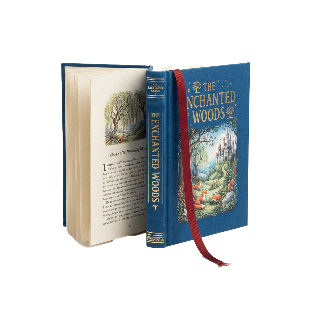 Open classic book titled Enchanted Woods with illustrated cover and page showing forest scene and text.