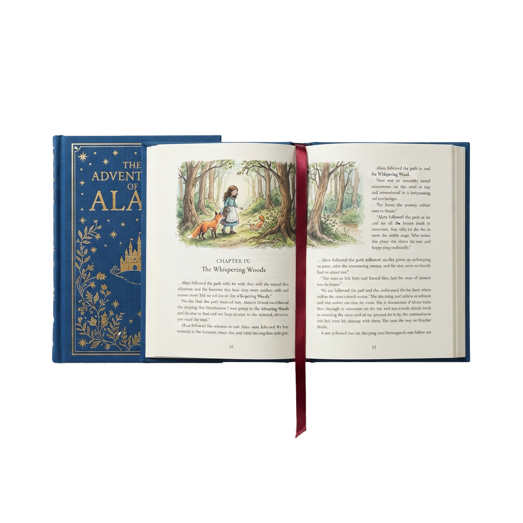 Open vintage book showing an illustrated chapter titled Whispering Woods with a girl in a forest scene.