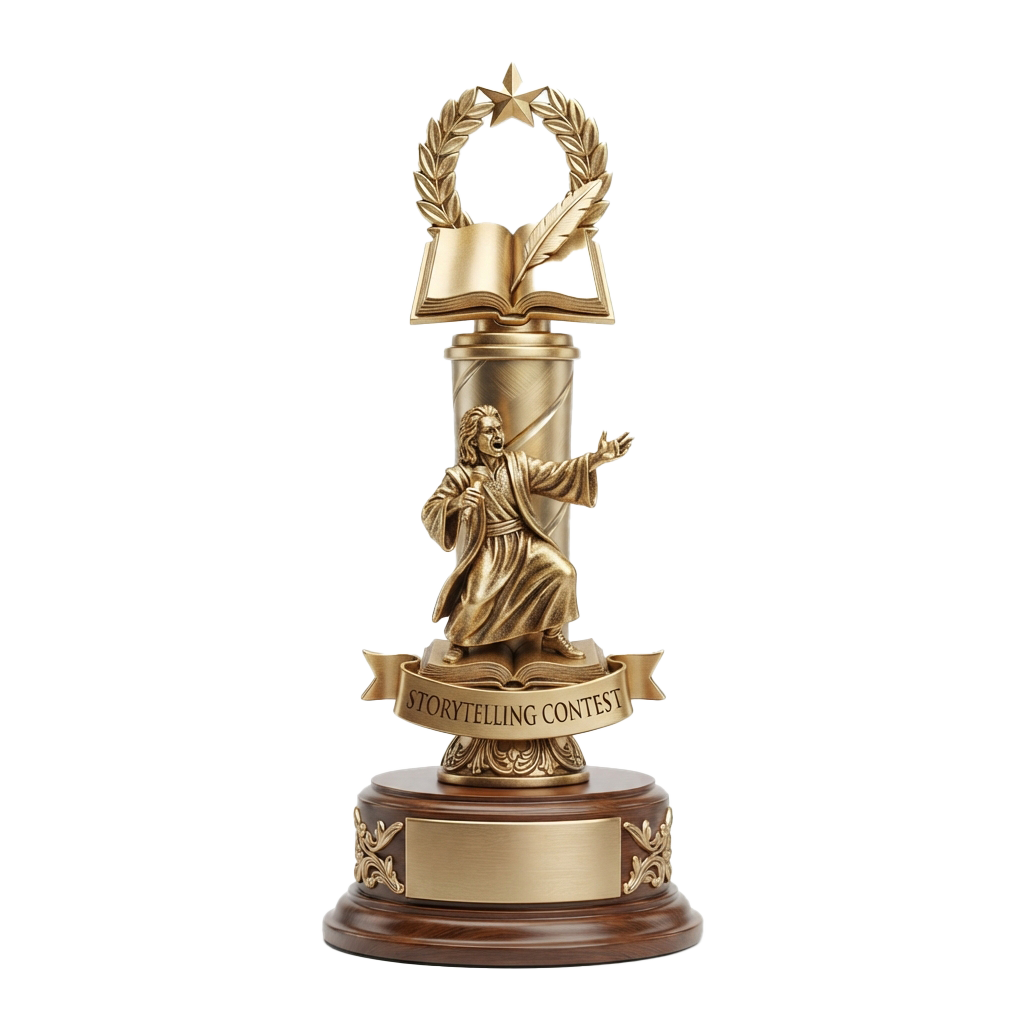Golden trophy featuring an open book, laurel wreath, and figure holding a book with Storytelling Contest banner