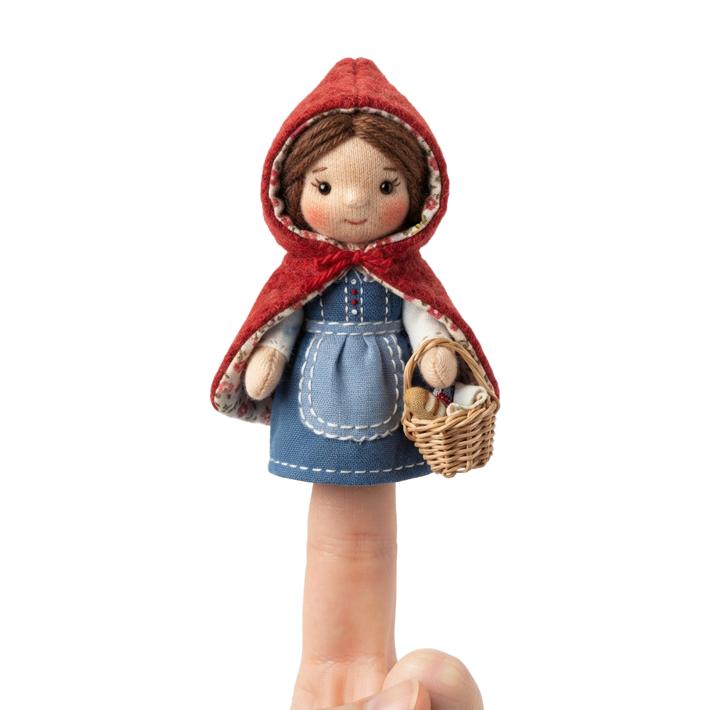 Hand puppet of a little girl wearing a red hooded cloak, blue dress, and holding a small woven basket