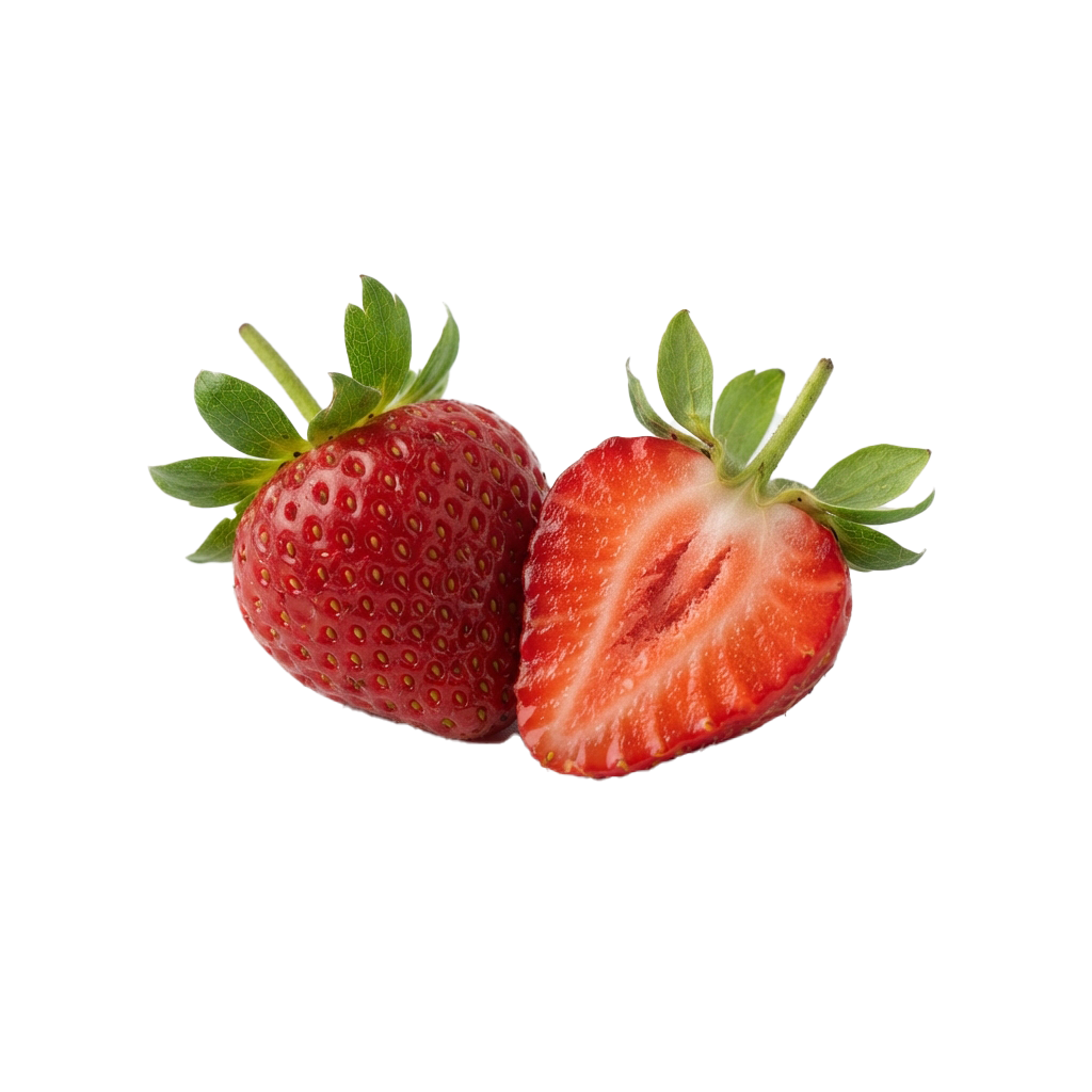 Two ripe strawberries, one whole and one halved, with green leaves on a black background